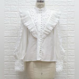 Button Down Ruffle Lace Detail Shirt in White
